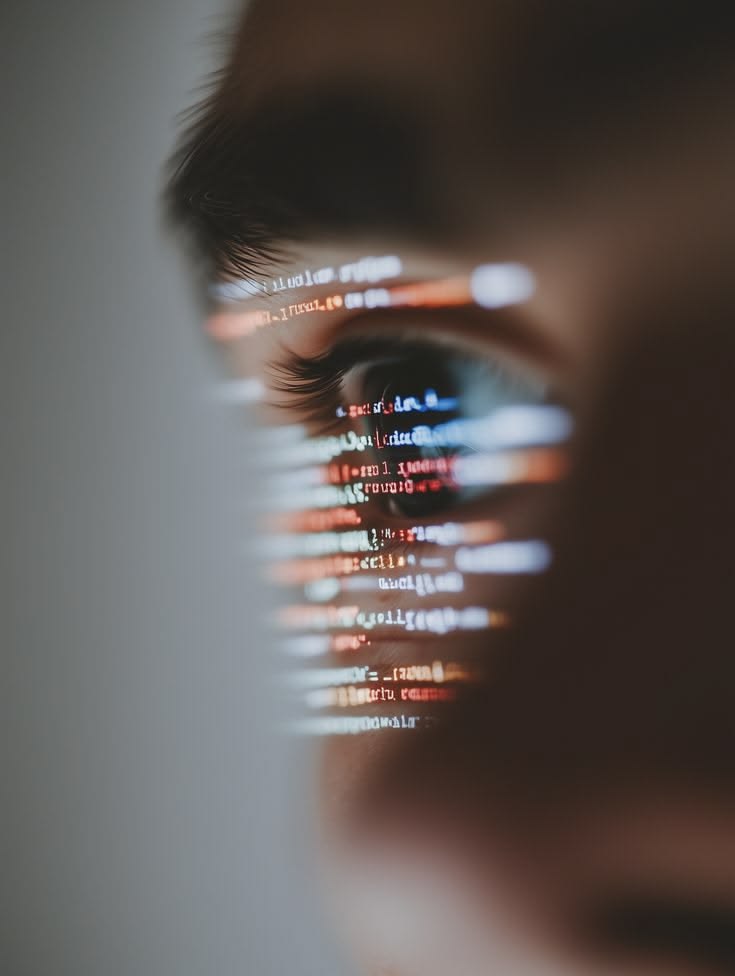 Close de um olho com linhas de código refletidas, representando atenção ao detalhe no desenvolvimento